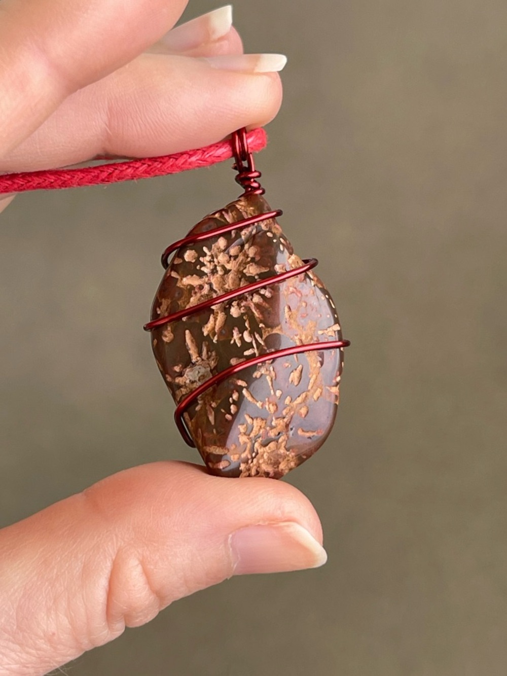 Brown Starburst Jasper Red Wire Wrapped on a Cotton Cord Necklace Handmade